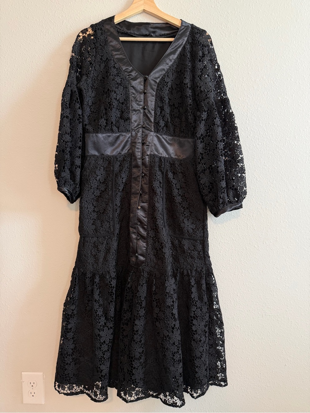 Black Lace Midi Dress with Satin Trim
